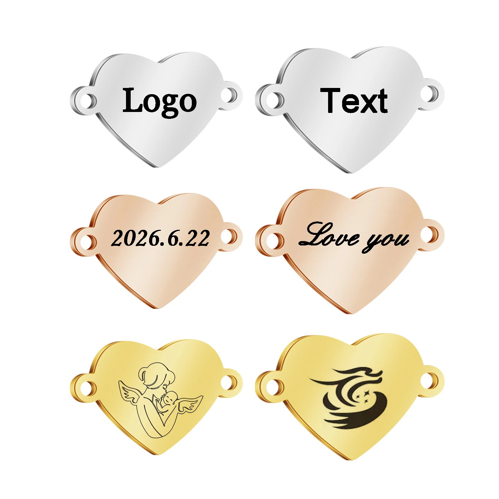 

10pcs Custom Logo Stainless Steel Double Hole Heart love Connector Charms for DIY Jewelry Making Disc Pendant Accessories