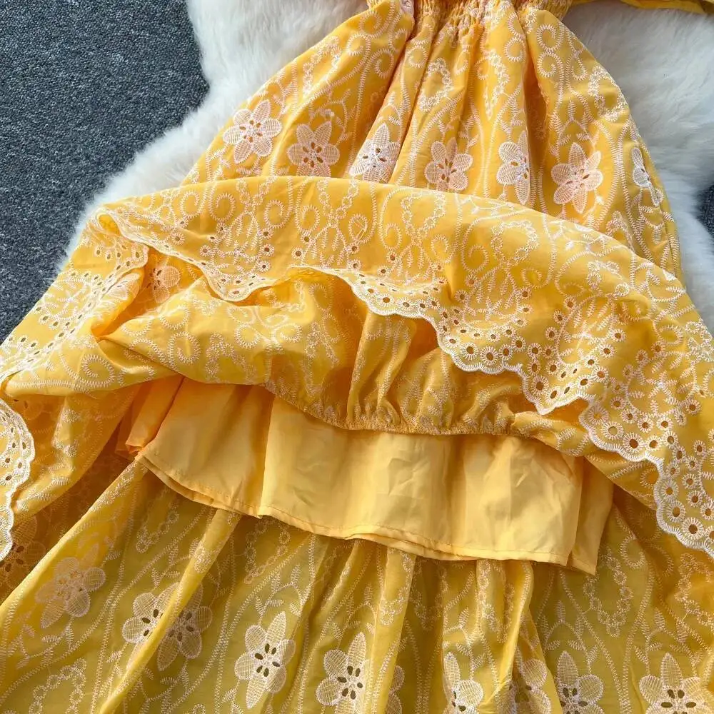 Retro schulterfrei Slip Rüschen ausgeschnitten Stickerei Kleid Strand Urlaub Frauen koreanische Mode Sommer Vestidos Kleider