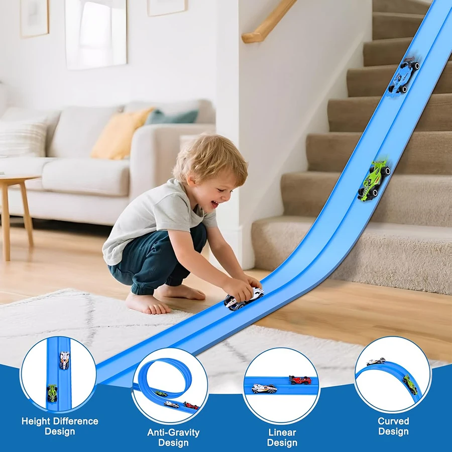 สนามรถแข่งพลาสติกแบบยืดหยุ่นสำหรับเด็ก พร้อมจุกดูด 12 ตัว และปะเก็นสีเหลือง 4 ชิ้น ใช้ได้กับรถเหล็กหล่ออัลลอยด์ขนาด 1:64 จำนวน 4 คัน