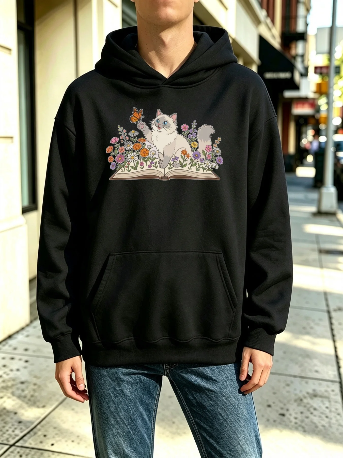 Men's Hooded Sweatshirt for Everyday Outdoor Casual Wear, Featuring Cute Cats and Butterflies Playing, Floral Cartoon Pattern, Loose Fit, Warm Pullover, Suitable for Spring, Autumn, and Winter