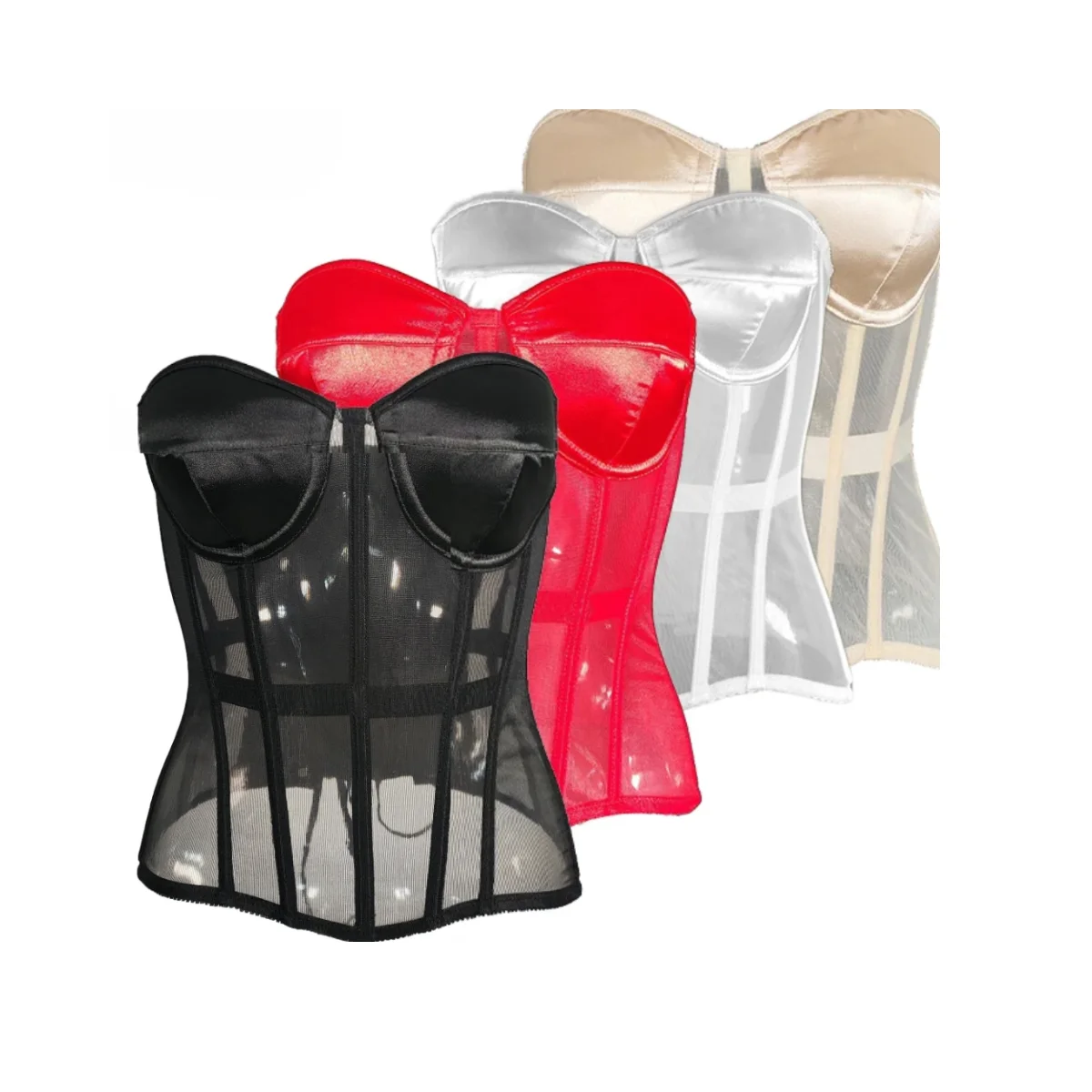 Women's Vintage Satin See Through Mesh Bustier Court Overbust Bodyshaper Lace-up Waist Sexy Boned Tops with Bra Shapewear Corset