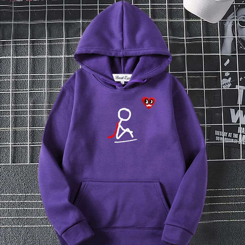 

Sad Stickman Superman Simple Drawing Print Women Hoodie Polyester Red Eyes Beard Heart Embroidery Pullover Pockets Loose Hoody