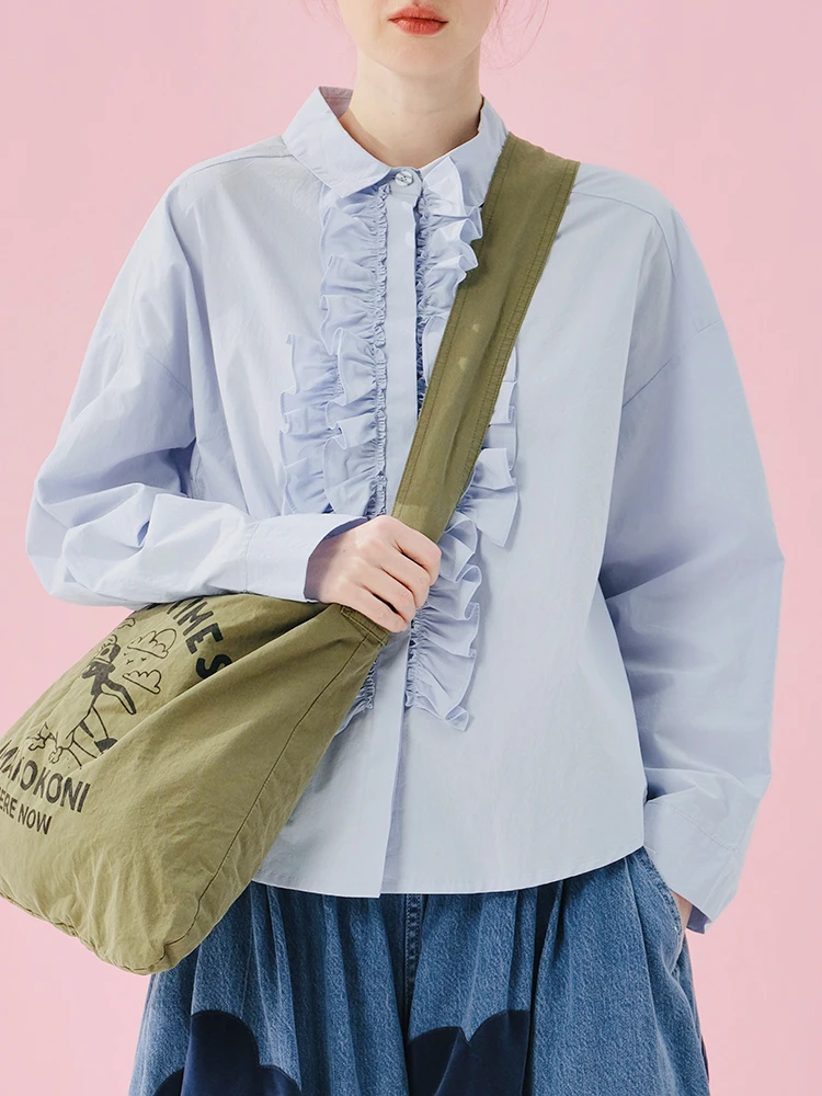 

imakokoni 2025 Spring Cotton Washed Baby Blue Lace Front and Rear Open Large Shirt 244948