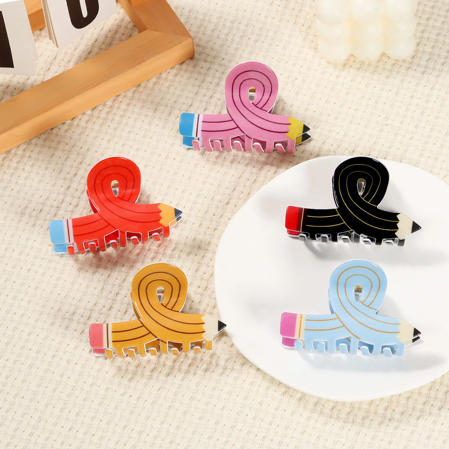 

2025 New Cartoon Pencil Acrylic Hair Claw New Semester Starts Series Claw Clips Crab Hair Clips for Women Girls Hair Accessories
