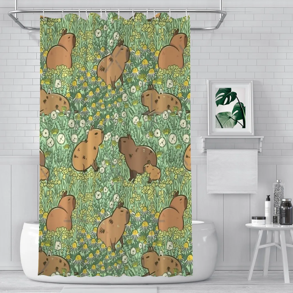 

Capybaras Meadow in Green and Yellow Shower Curtain for Bathroom Aesthetic Room Decoration