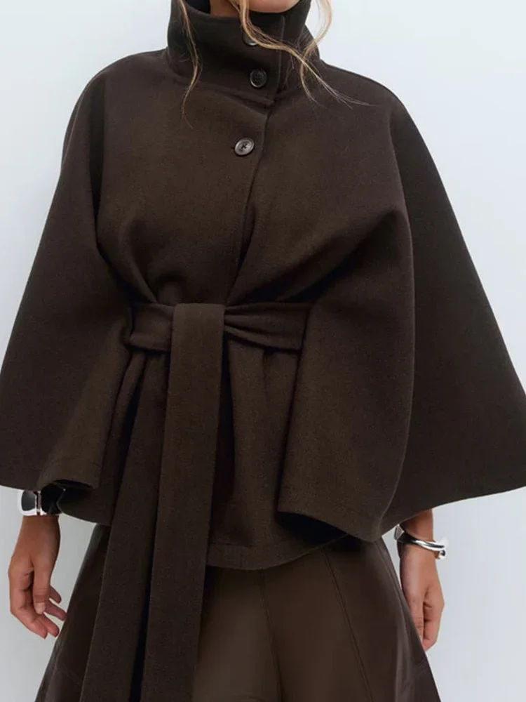 Vestes en Patchwork avec ceintures à col montant, manteaux chics à manches chauve-souris pour femmes, automne-hiver, cape solide ample pour vacances, Streetwear, 2025