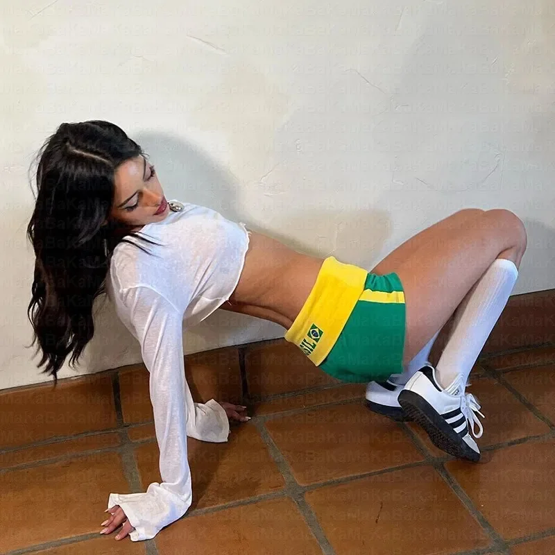Brazilian Summer Fashion Football Sports Contrast Shorts Y2K Sexy Girls' Sports Stretch Waist Gothic Letter Shorts Hot Pants