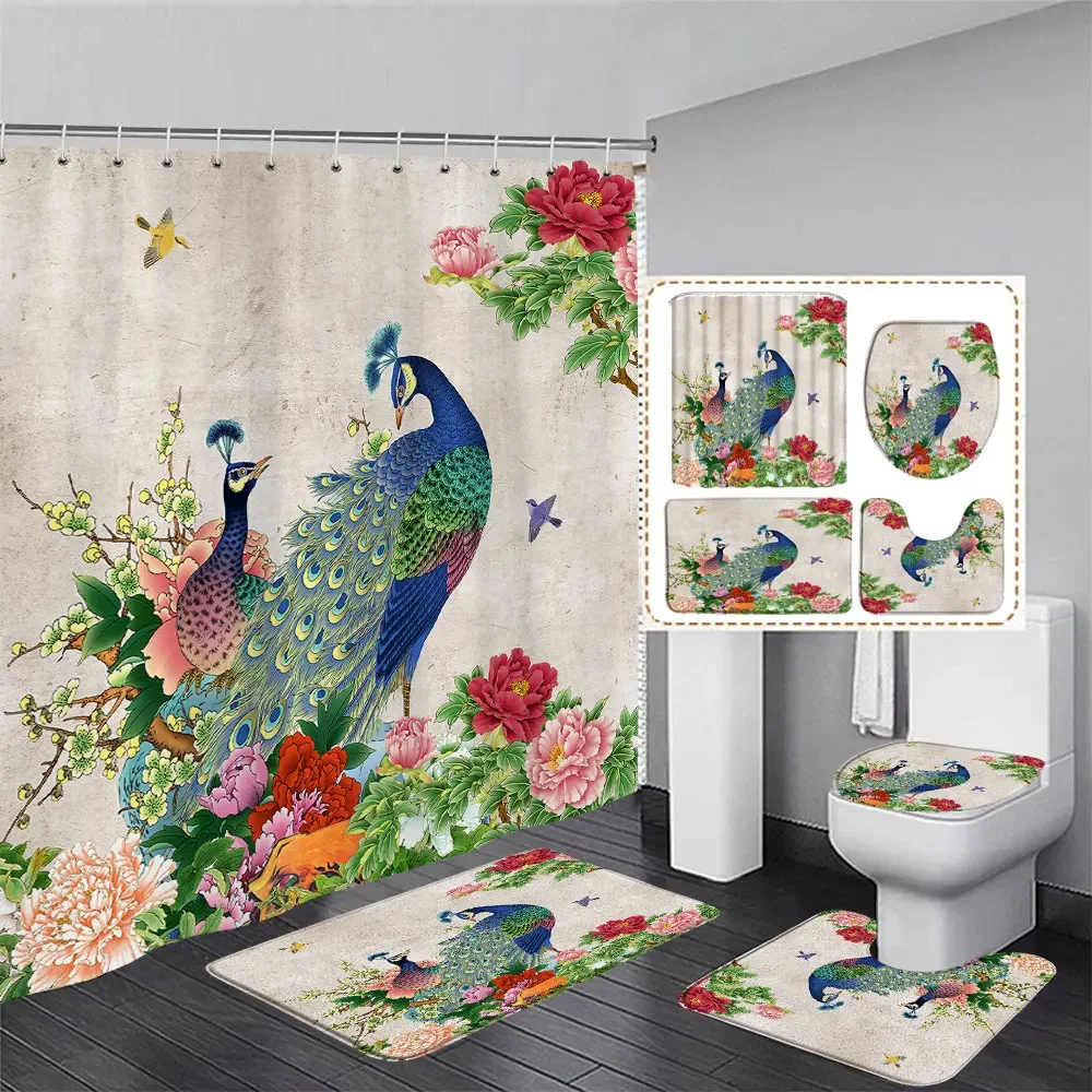 Peacock Bathroom Set With Shower Curtain and Rug Chinese Bird Feather Home Decor Curtain Non-slip Rug Toilet Seat Bathroom Decor