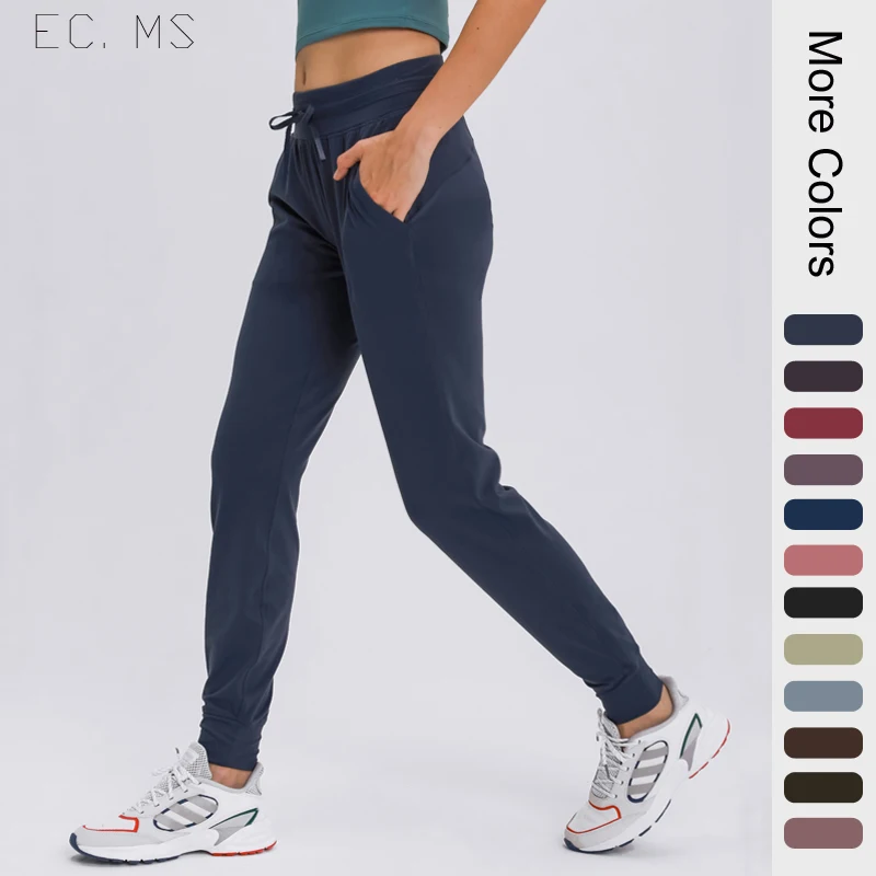 Women Sport Pants with Slash Pockets High Waist Adjustable Pull String Running Jogger Pants