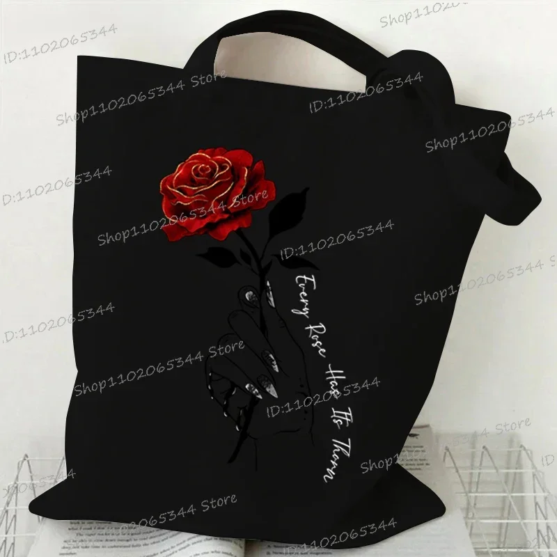 Gothic Rose Wing Print Shoulder Bag Women Vintage Plant Flower Style Shopping Bag Teen Fashion Floral Canvas Ladies Tote Handbag