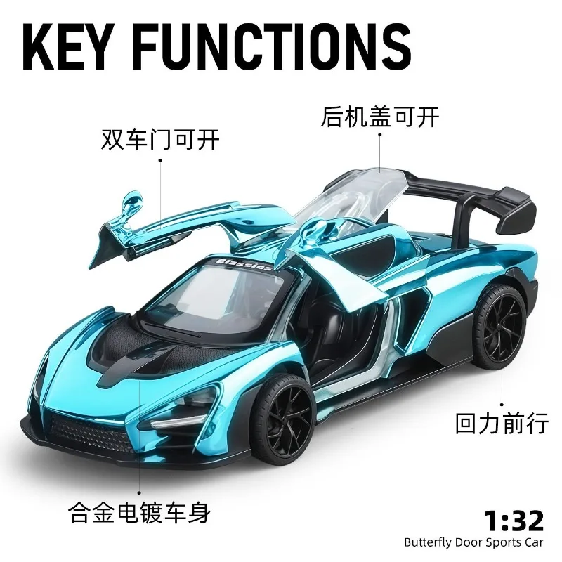 1:32 McLaren Senna Alloy Electroplated Sports Car Butterfly Doors Open Rear Cover Pull Back Simulated Detail Display Gift