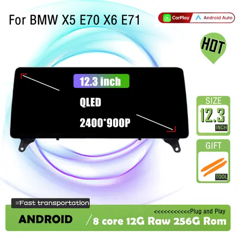 QLED 2400*900P 12.3인치 BMW X5 E70 X6 E71 2008 - 2013 CCC CIC 시스템 무선 카플레이 GPS 내비게이션 안드로이드 오토 WIFI