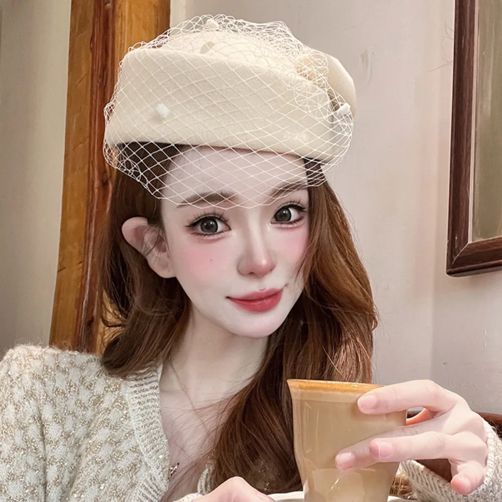 Trendy British Style Wool Bow Hat with Veil Cashmere Elegant Stewardess Cap Photography Decoration Sweet Pillbox Hat Dinner