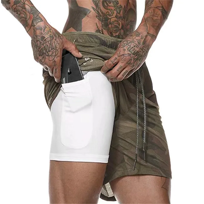 Pantalones cortos de camuflaje para correr para hombre, Shorts deportivos de doble capa, 2 en 1, de secado rápido, transpirables, para entrenamiento