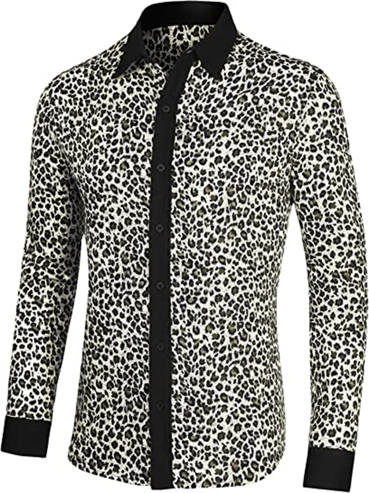 2023 Fashion New Men\'s Retro Leopard Print Animal Print Button Long Sleeve Casual Shirt S-6XL Size Black White Leopard Print