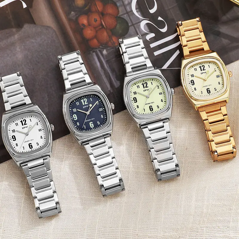 

Women's 35mm Luxury Luminous Square Steel Band Quartz Watch Fashion Analog Sports Waterproof Wristwatch with Calendar Feature
