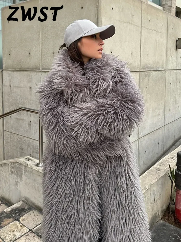 Winter Faux Fur Long Coat Women Vintage Full Sleeve Pocket Lapel Thicken Warm Outwear Female 2024 Fashion Urban Streetwear Lady