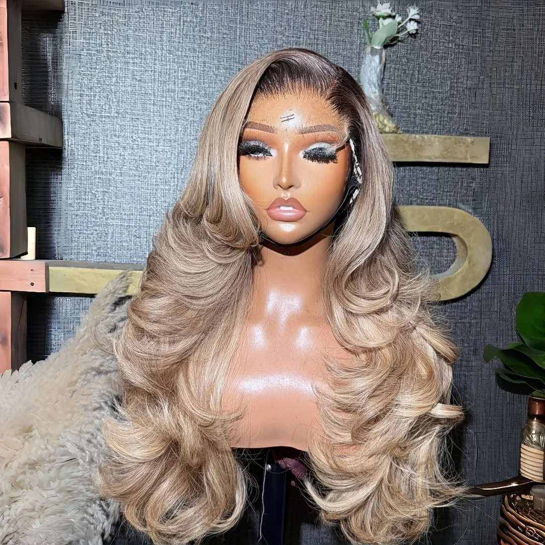 Glueless Natural Ombre Blond body wave Hair 150 density and 13×4 100%human hair wig lace front wig, with baby hair pre plucked view 2