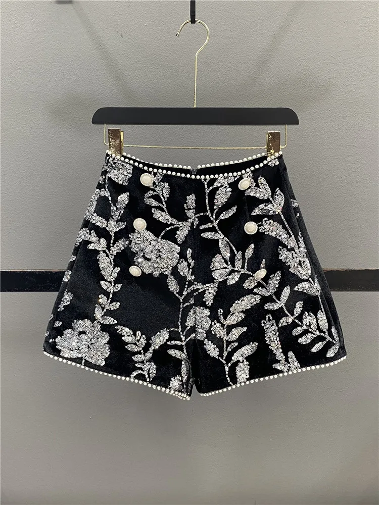 Heavy Embellished Sequin Velvet Short Pants Women's High Waist Slim Fit Casual Wide Leg Boot Pants Spring 2026 New Style