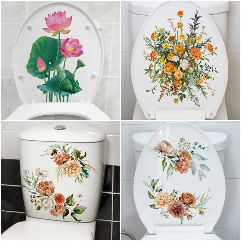 Wall Stickers Toilet Lid Sticker Pvc Hand Painted Flower Wc Accessories Toilet Stickers and Posters for The Bathroom Decoration