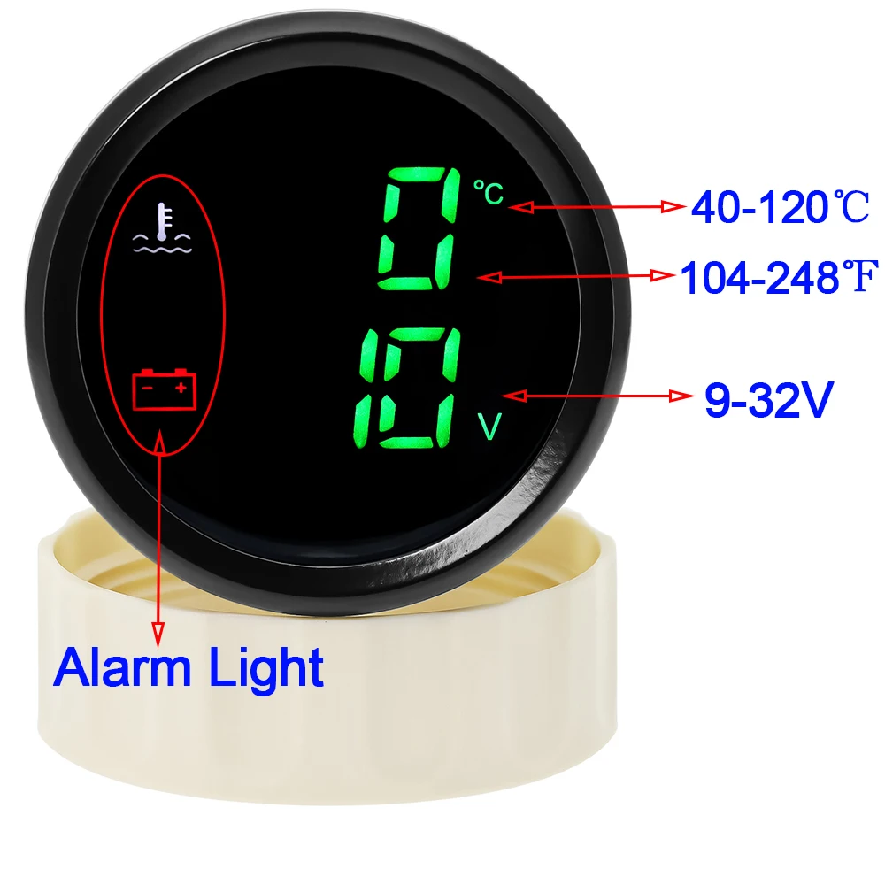 Green LED 2 In 1 Dual Gauge 40-120℃ 104-248℉ 52mm Water Temperature Meter+Voltmeter with Sensor for Boat Car Yacht 12V24V Custom