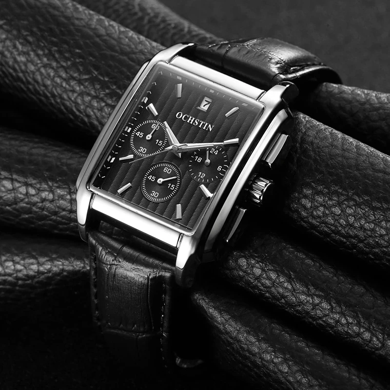 

Мужские часы, водонепроницаемые многофункциональные кварцевые кожаные мужские часы, прямоугольные светящиеся часы с датой, мужские часы