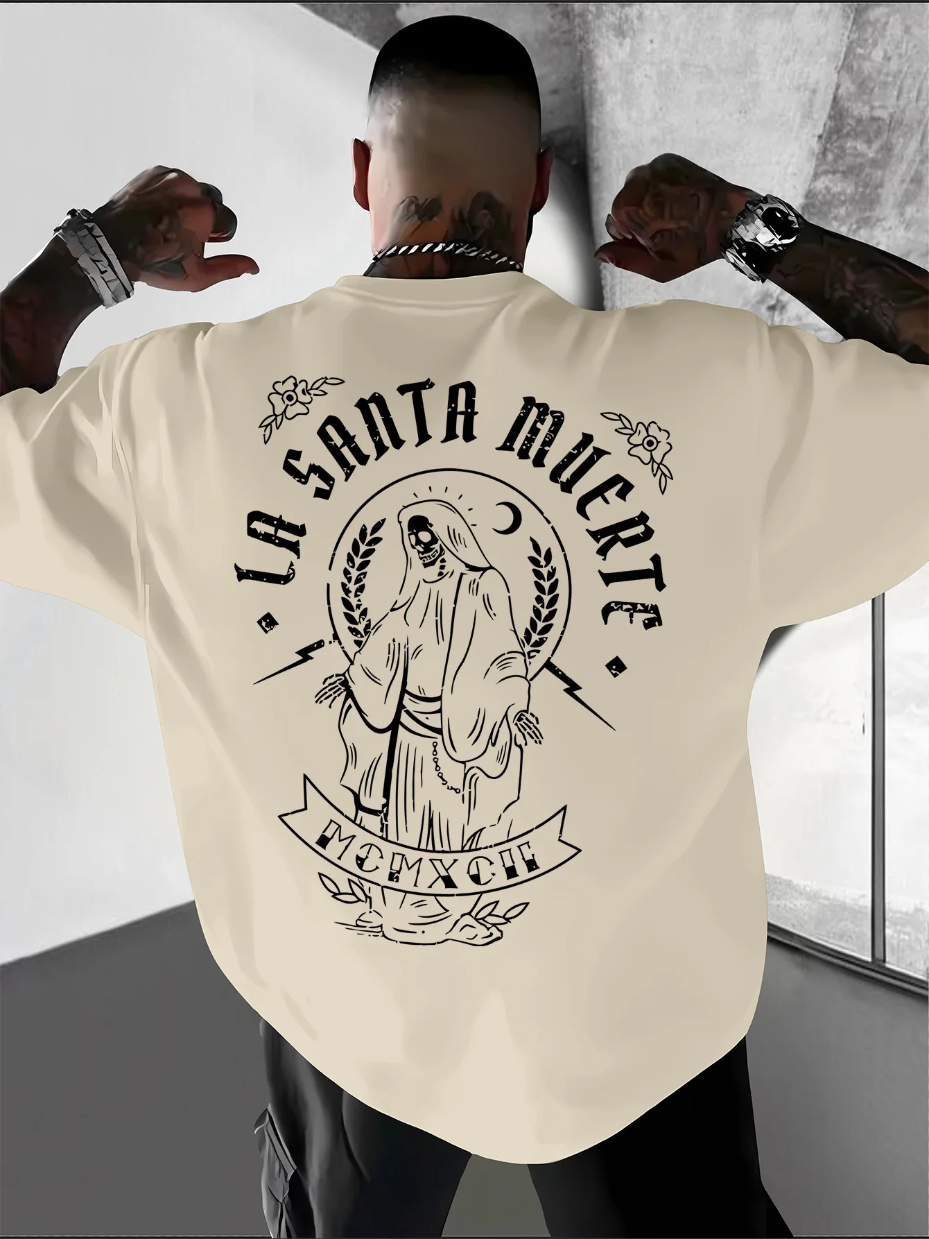 Unique Vintage Santa Muerte Line Art Print on Breathable Comfortable 100% Cotton Mens T Shirt Great for Summer Hangouts
