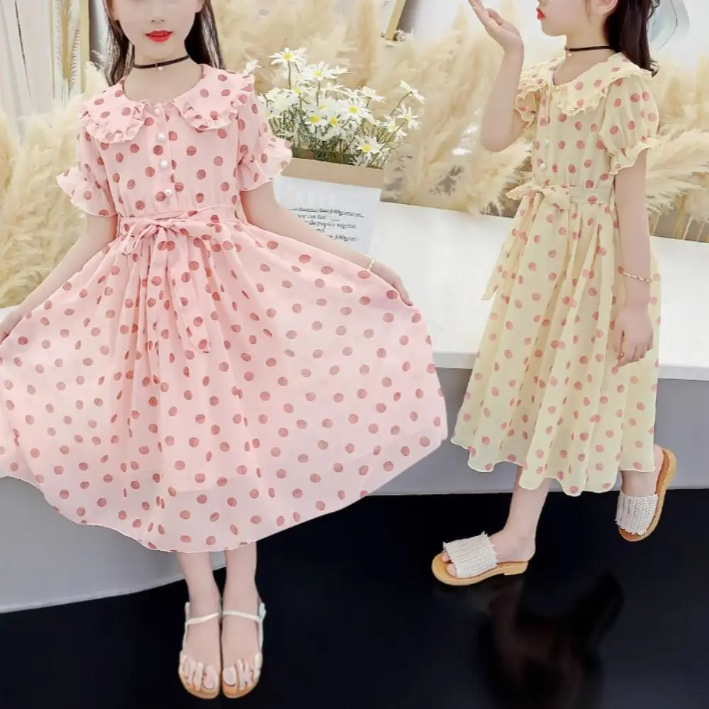 

Fashion Doll Collar Girls Princess Dress Lace Up Teens Summer Dot Dress Sweet Beach Vacation Children Dress Holiday