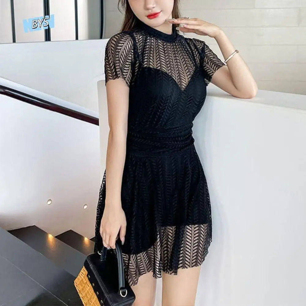 

Mesh Hollow Lace Skirt Swimsuit Transparent Short Sleeve Bathing Swimwear Suit Beachwear Backless Swimwear with Padded Beach
