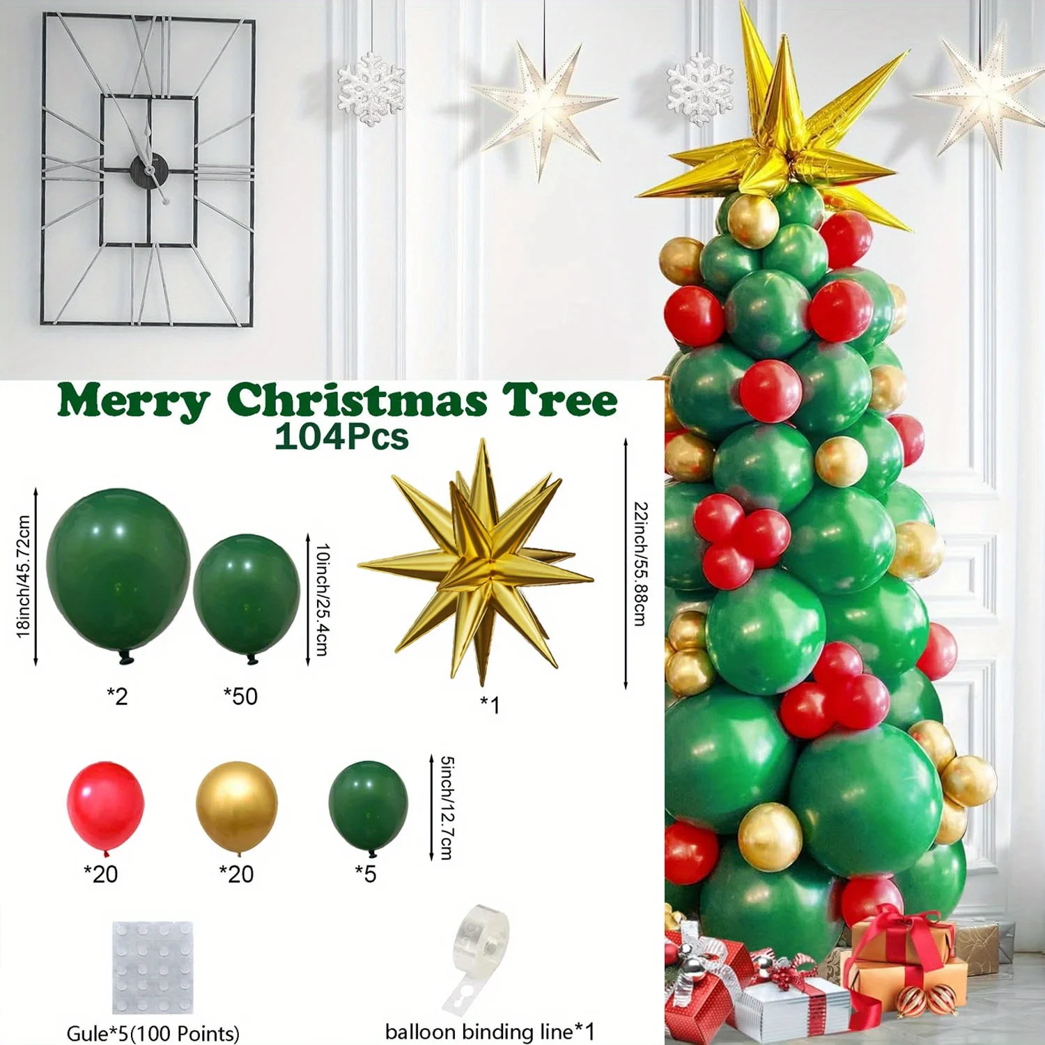 104pcs Christmas Balloon Set Green Red Latex Balloons with Golden Starburst Design Festive Supplies Party Decorations Photo Prop