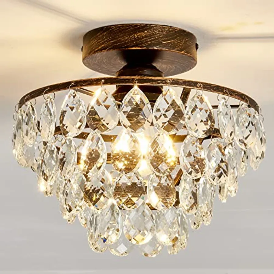 

Crystal Chandelier, Modern Semi Flush Mount Ceiling Light Oil Rubbed, Mini E26 Ceiling Lamp for Hallway Bedroom Bathroom Closet
