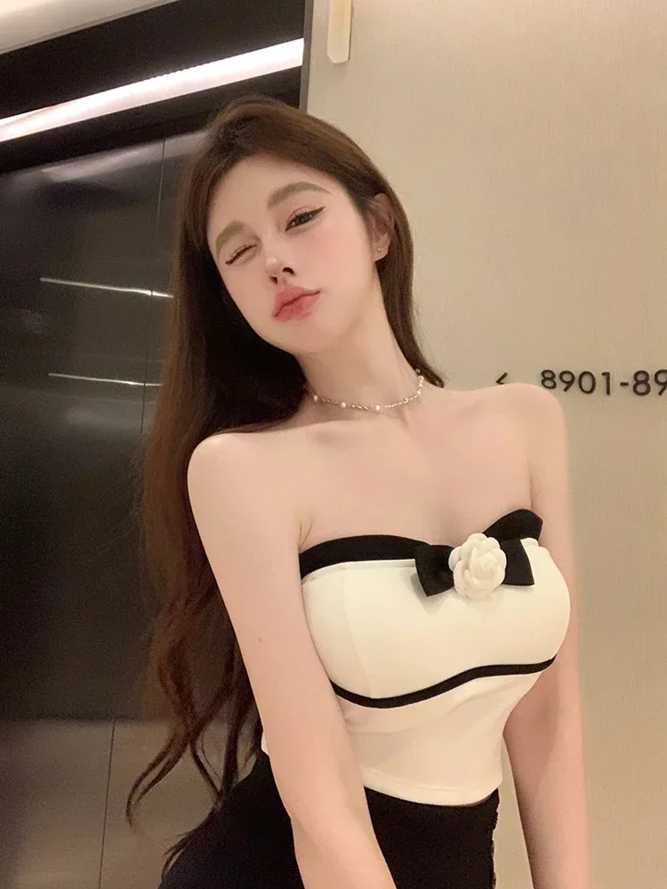 Graceful Temperament White Tube Top Vest Women Summer Outer Wear Sexy Slim fit Inner wear Comes with Chest Pad Short Top E4988