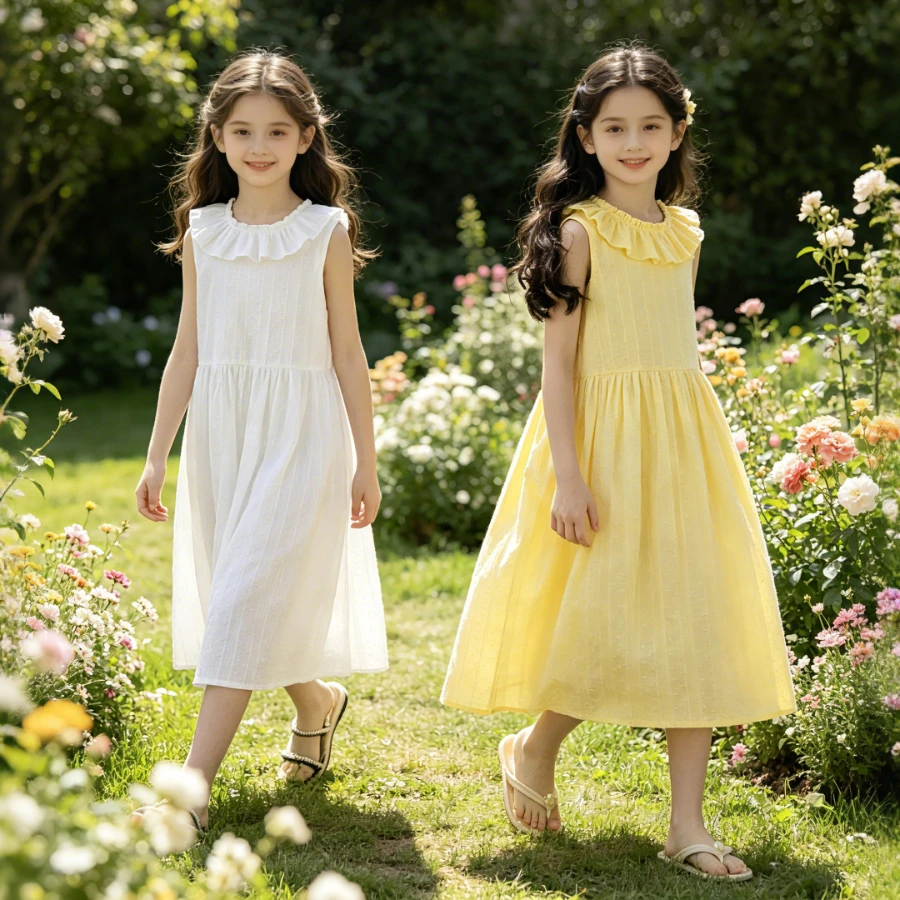 

Girls White Yellow Sleeveless Dress Kids Ruffle Collar Tiered Casual Summer Maxi Dress for Daily Wear Beach Holiday Party 4-12Y