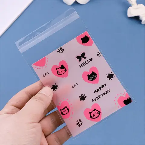 50pcs Clear OPP Packaging Bags 8x10cm Kawaii Pink Cat Heart Pattern Storage For Kpop Photo Card Badge Biscuit Small Gift Pouches