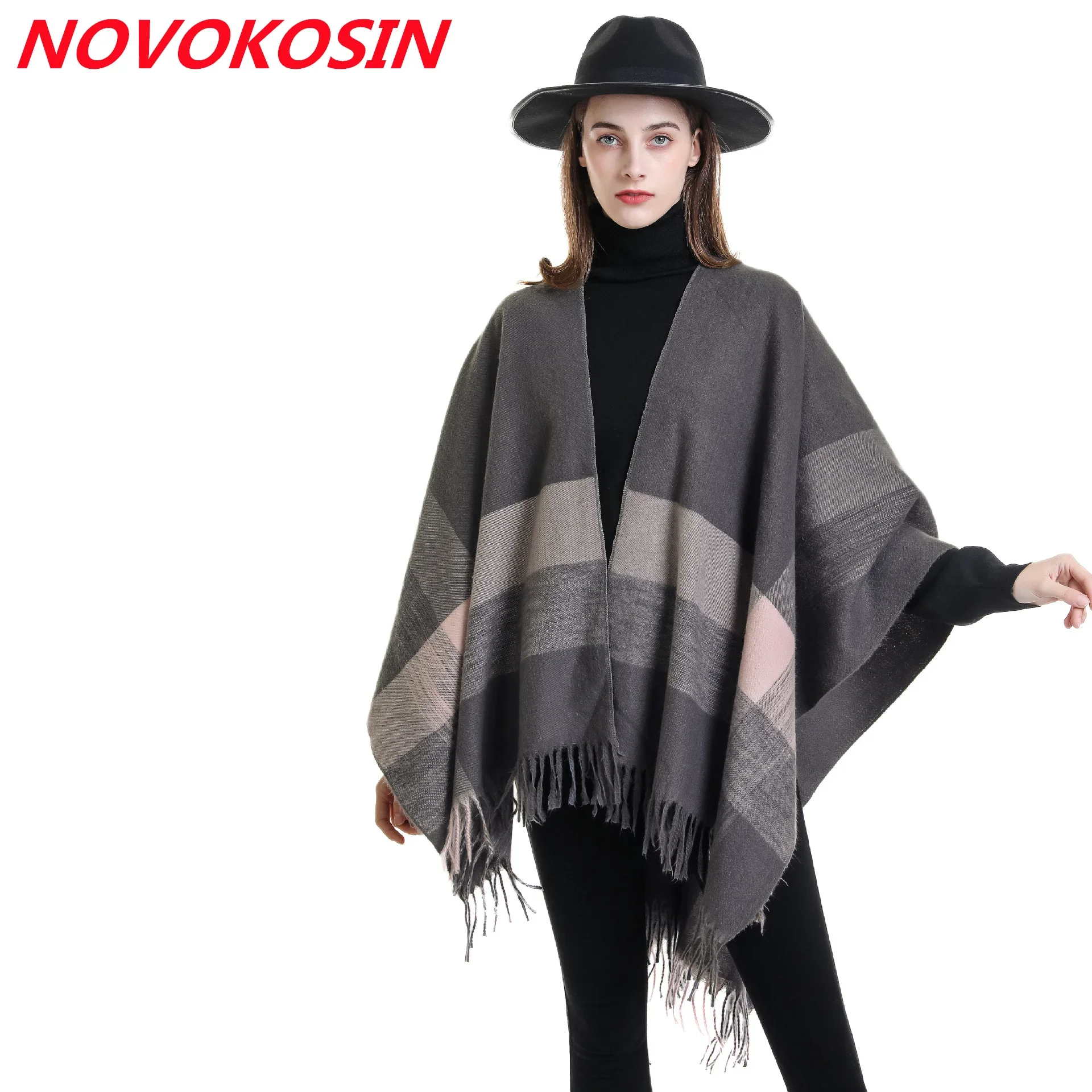 Châle chaud à carreaux pour femme, cape poncho, long, fendu, rue Everak, automne, hiver