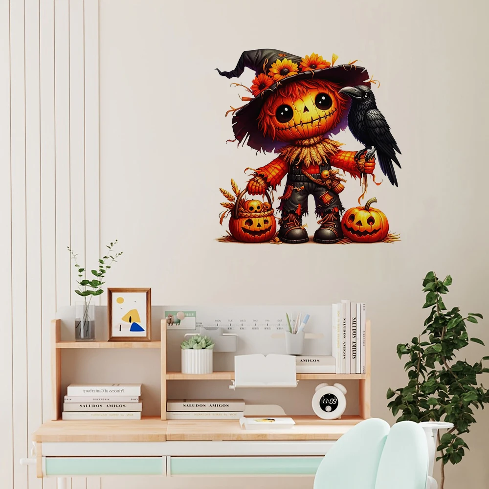Halloween Scarecrow Pumpkin Wall Stickers  Autumn Harvest Maple Leaves Wall Decals Playroom Living Room Wall Decor