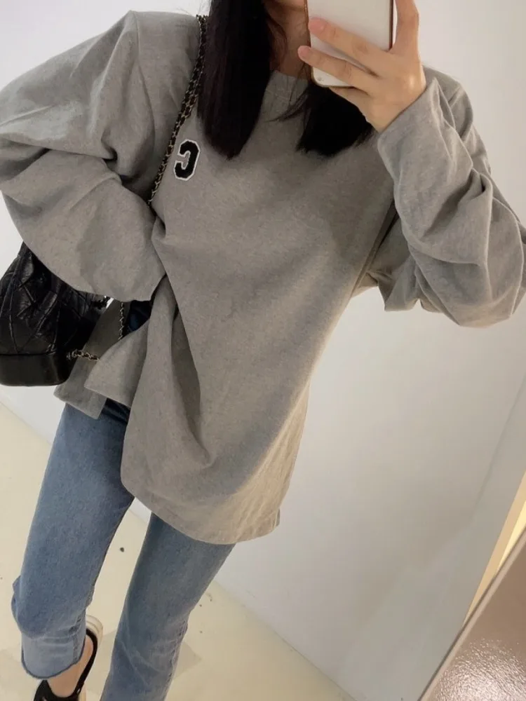 Faionable Lettera Ricamata Lunga Sve Base Bianca T-irt Chic2025 Autunno Nuovo Arrivo Pendolarismo delle Donne Sle Puro E-commerce