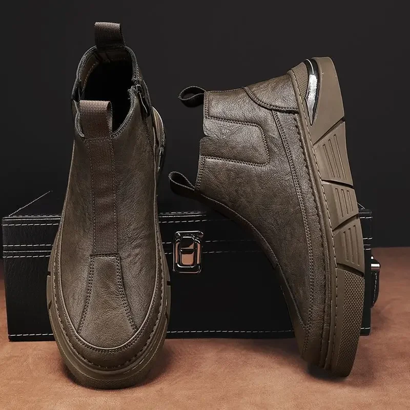 Male Casual Chelsea Boots Slip-on High Top Designer Luxury Sale Legitimate Retro Men's Leather Shoes Low Price Cowhide Elegant