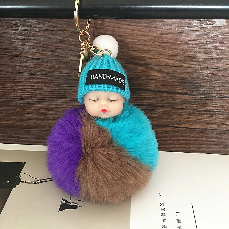 infant keychain Pompom sleeping baby keychain cute fluffy Plush doll Keychains Women Girl Bag keyrings Cars Key ring Jewelry