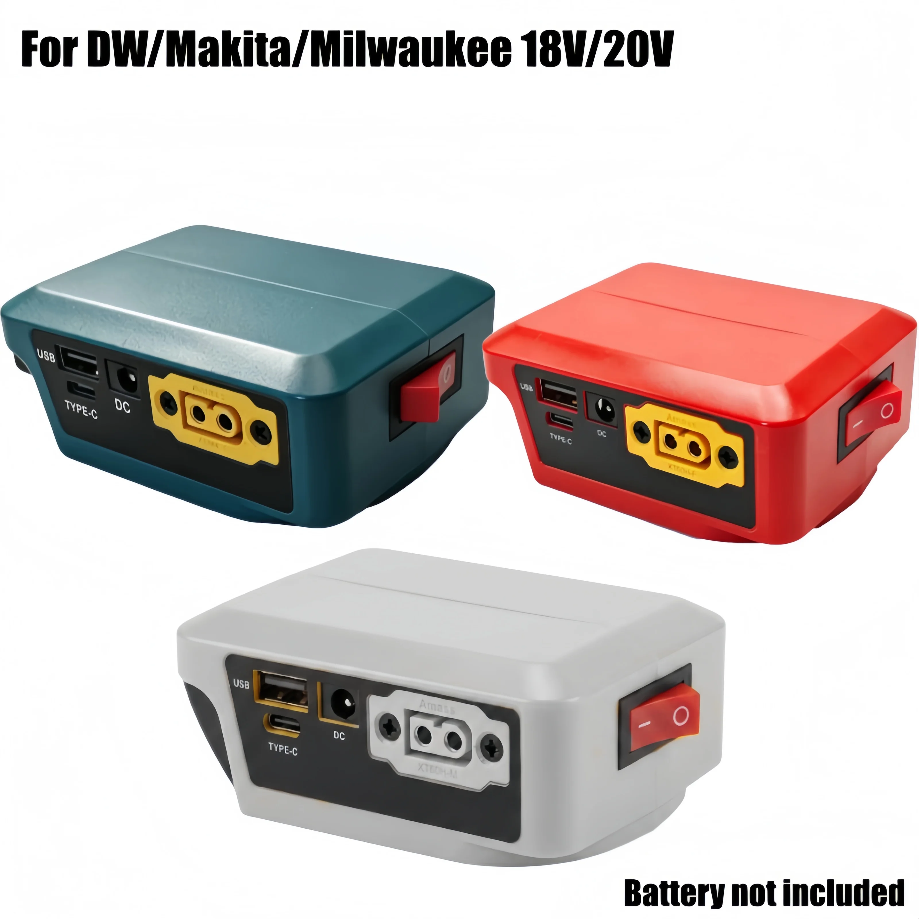 Battery adapter converter is compatible for Makita/DW/Milwaukee 18V lithium batteries and features USB, Type-C, and DC ports.