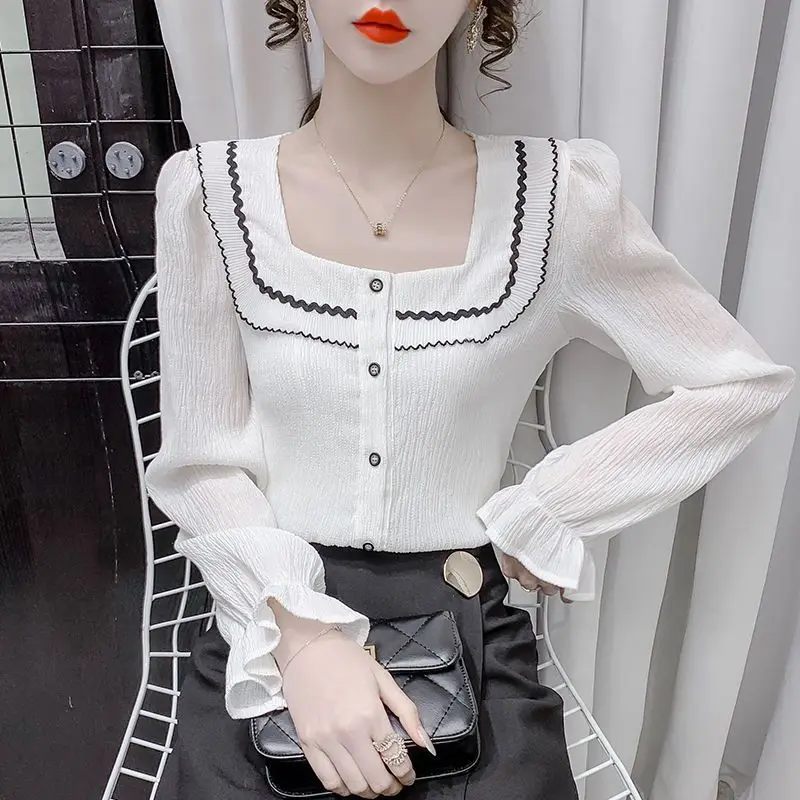 Spring Autumn New Square Collar Long Sleeve Shirt Women High Street Casual Loose Button Cardigan Elegant Edible Tree Fungus Tops