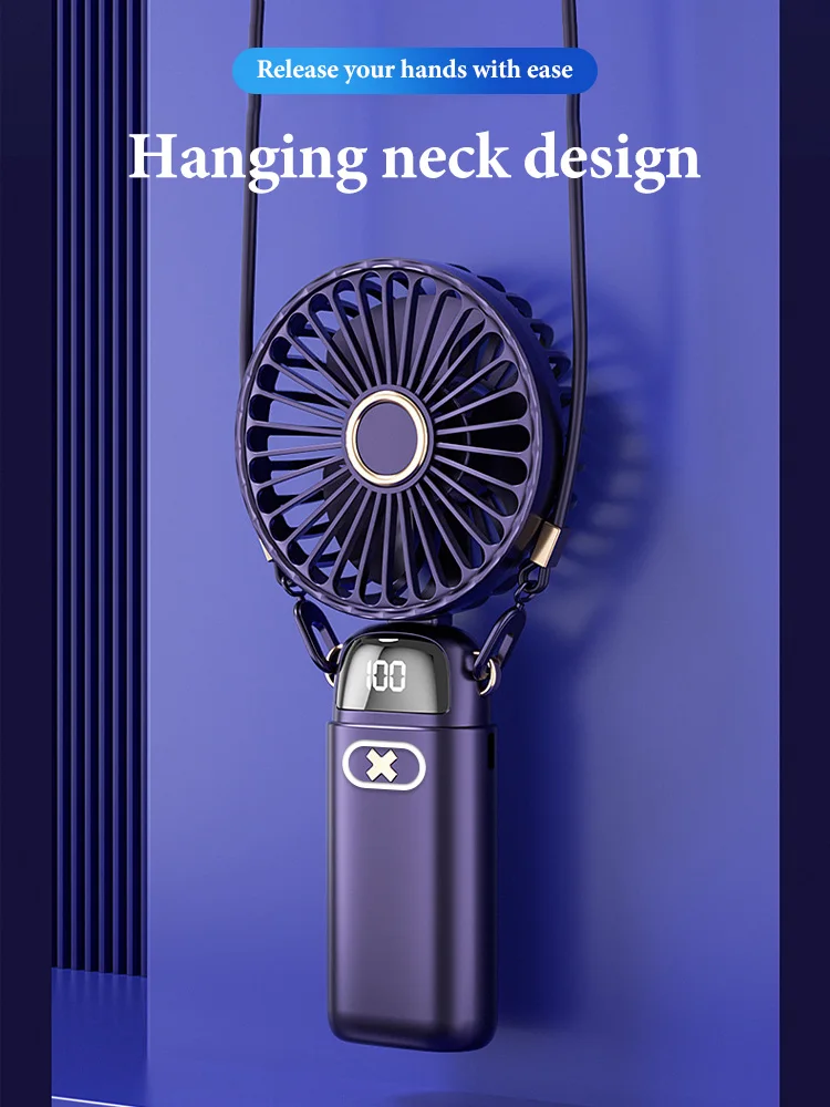 USB Handheld Mini Fan 90° Foldable Neck Hanging Fans 5 Speed Rechargeable Portable USB Fan with Phone Stand and Display Screen