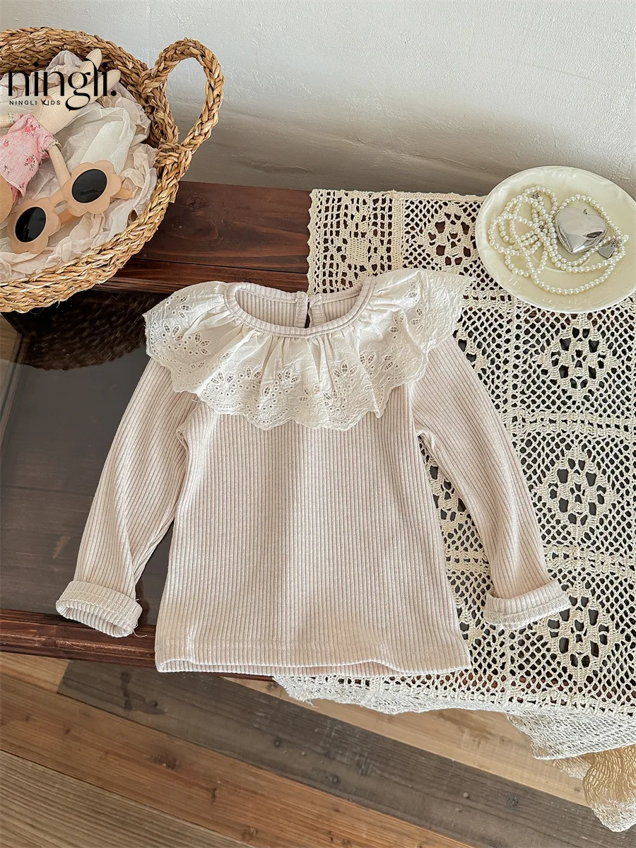 

Girl T-shirt Spring Autumn 2024 New Flip Collar Lace Bottom Layer Shirt Tops Casual Simple Fashion Sweet Korean Active Vintage