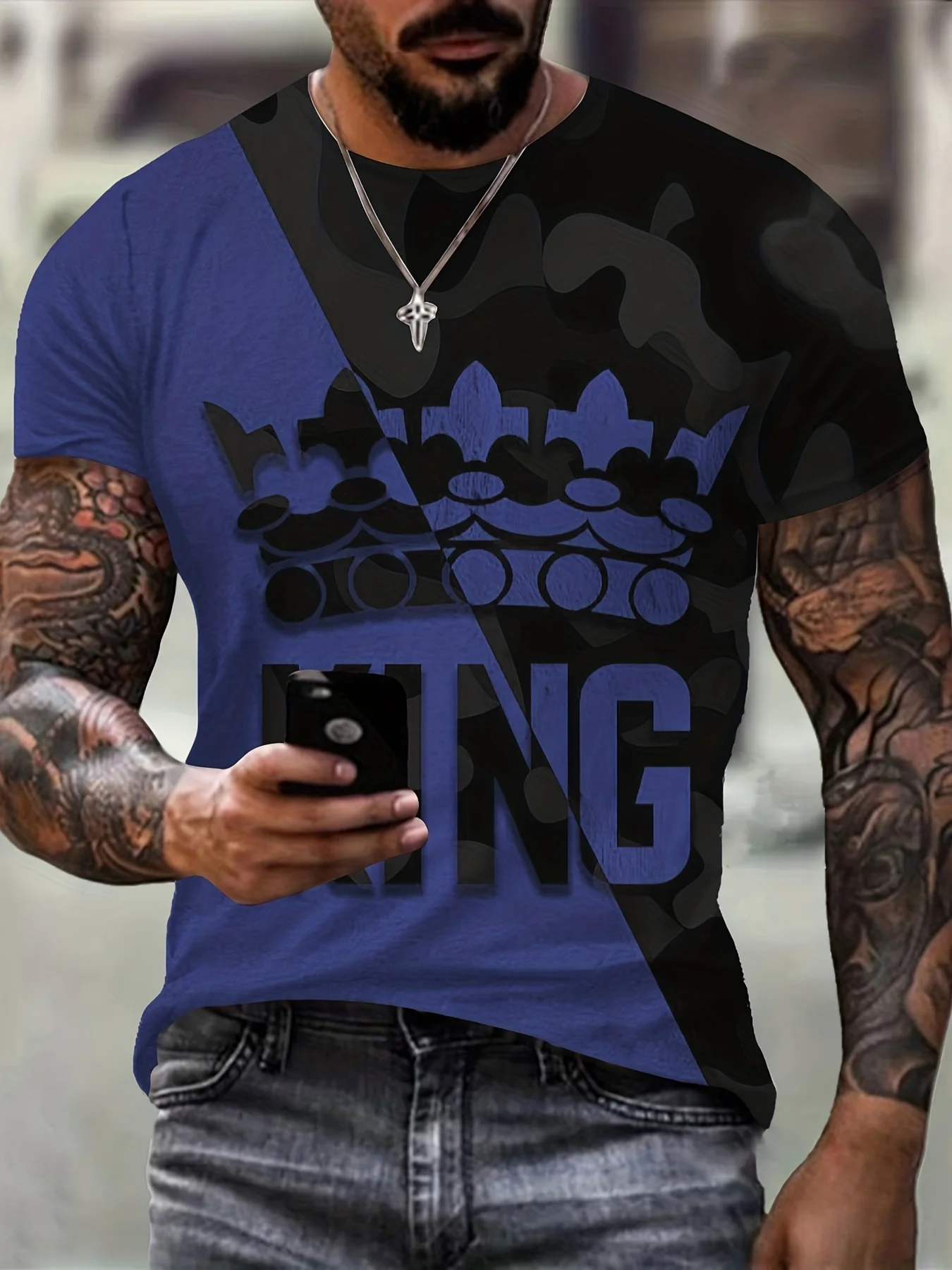 Crown Letter KING 3D Digital Pattern Print T shirt Graphic Tshirts Causal Tees Short Sleeves Pullover Tops Men's Summer Clothing