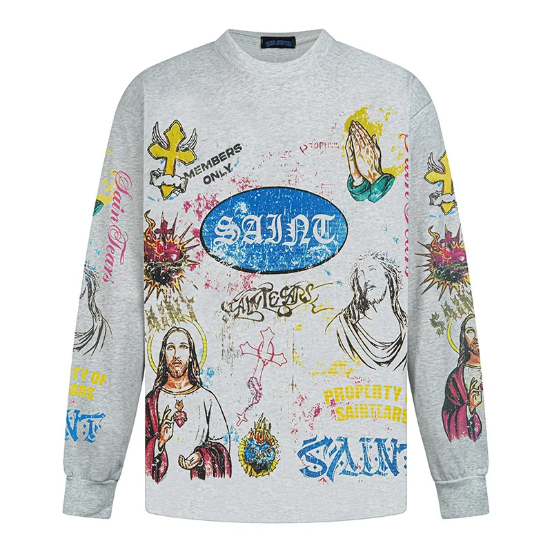 

American Streetwear Fashion Retro Saint Portrait Graffiti Print Long Sleeved T Shirt Men Women Loose Otton Round Neck Tops Tee