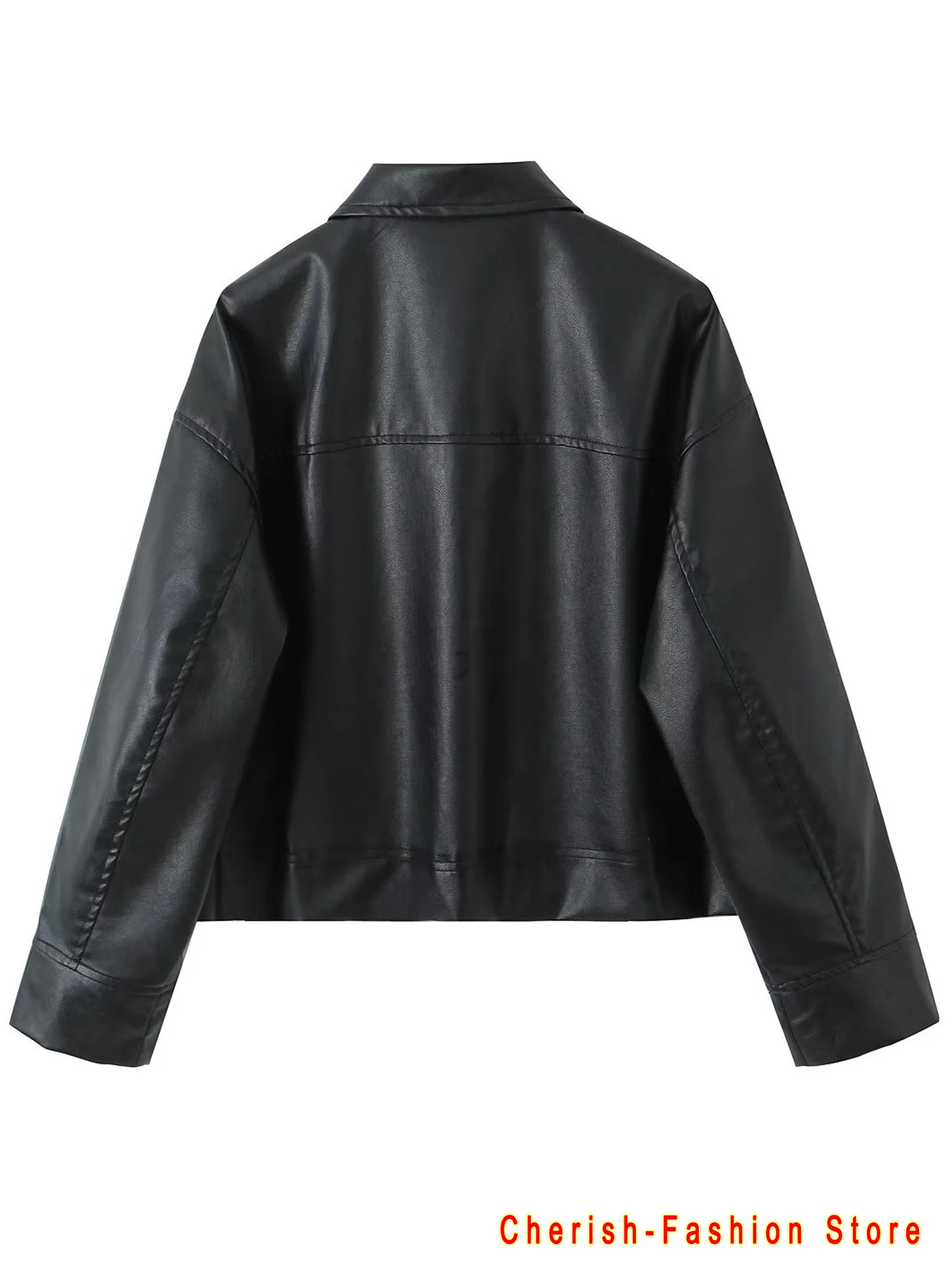Chaqueta de cuero de manga larga para mujer, abrigo corto informal, holgado, con solapa abierta y botones, con bolsillo, color negro, novedad