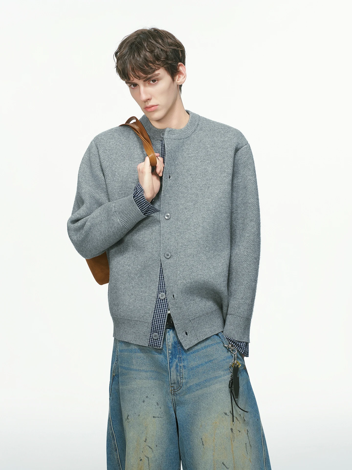 Dream Made Men's Knitted Cardigan Sweater Henry Collar Fake Two-Piece Autumn Winter Thickened Long Sleeve Warm  Color