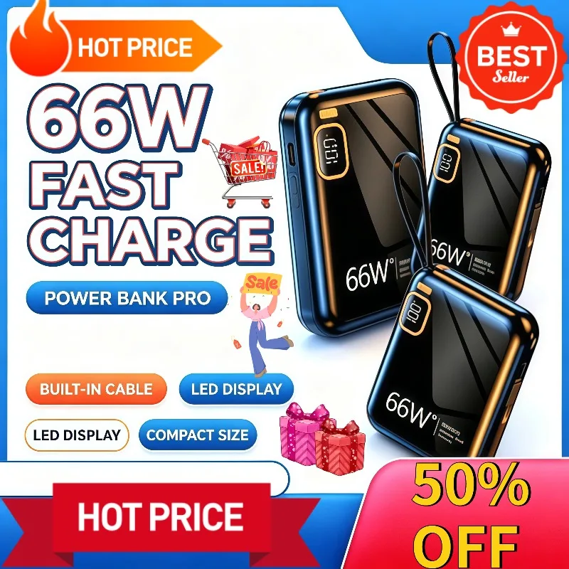 66W Super Fast Charging Power Bank 10000/20000mAh Builtin Cables Portable External Battery Powerbank