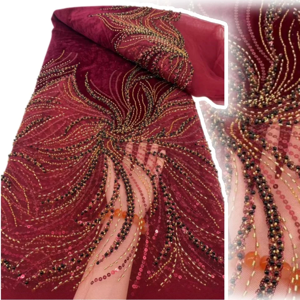 

New Design African Velvet Sequin Lace Fabric 2025 High Quality Beaded Lace Fabric Nigerian Bride for Wedding Party Dress TP1621
