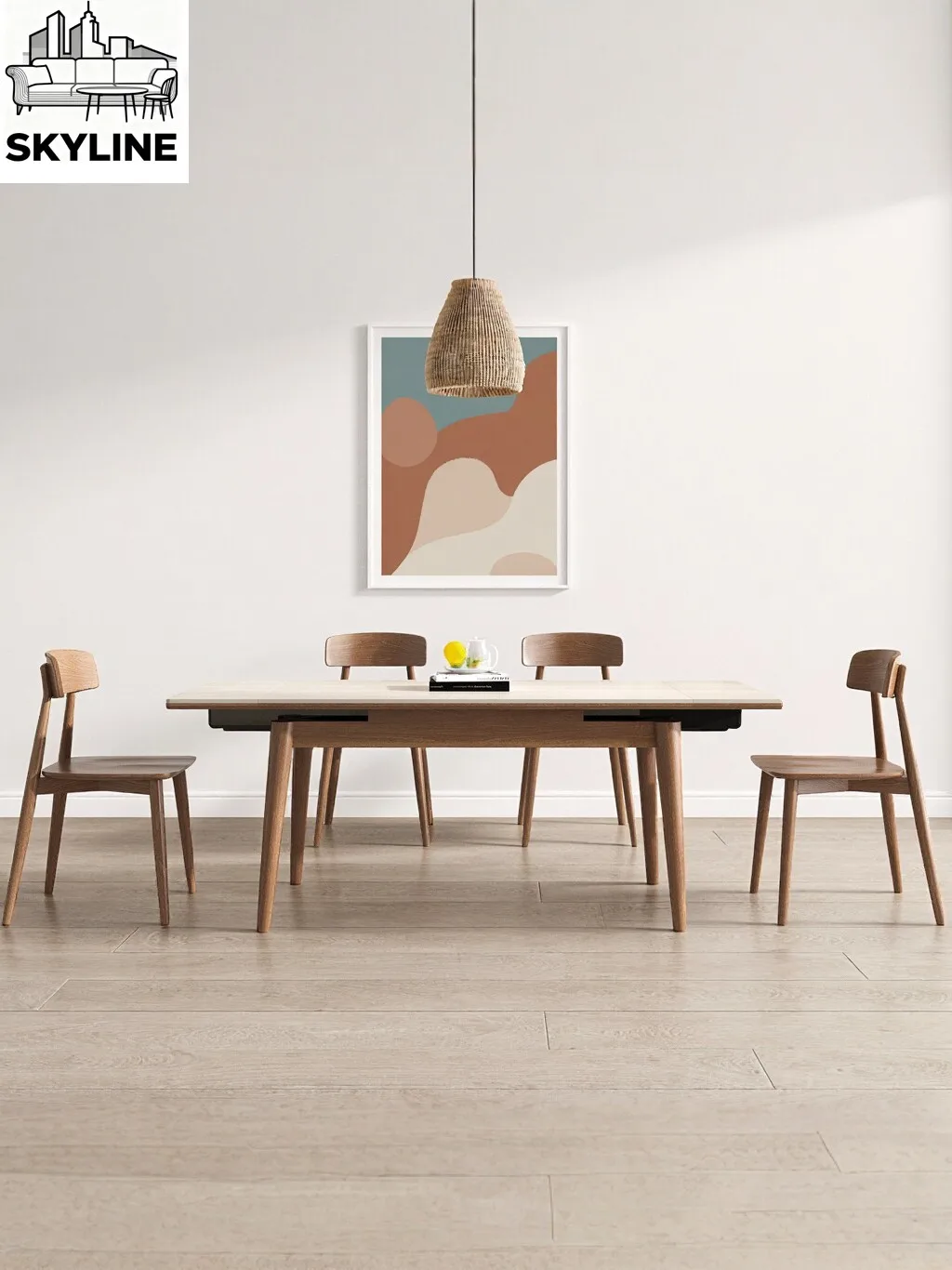 Travertine rock slab solid wood retractable dining table and chair combination modern retractable rectangular dining table